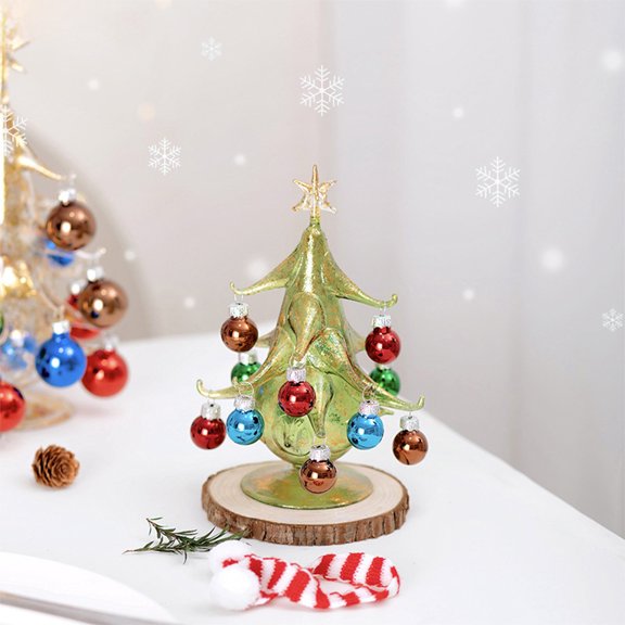 Glass Christmas Tree Tabletop Ornament with Xmas Balls, Christmas Tree Shaped Desktop Ornaments, Multicolor Vintage Mini Glass Christmas Tree, Xmas Presents