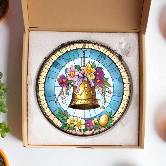 Glass Church Bell Suncatcher Ornament, Floral Religious Window Hanging, Faith Symbol Spiritual, 3.5 in