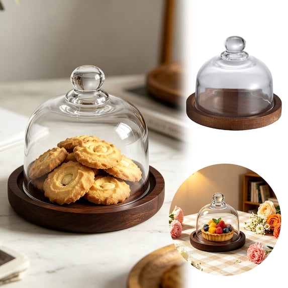Glass Cloche with Wooden Base, Mini Cake Stand with Dome Cover, Clear Glass Display Dome for Desserts, Cookies, Cheese, and Home Decor, Small Serving Platter
