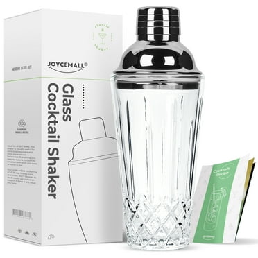 Glass Cocktail Shaker, JOYCEMALL 14.5 Ounce Cut Crystal Shaker with Stainless Sealing Steel Cap & Strainer, for Home Use & Bar Whisky - Silver