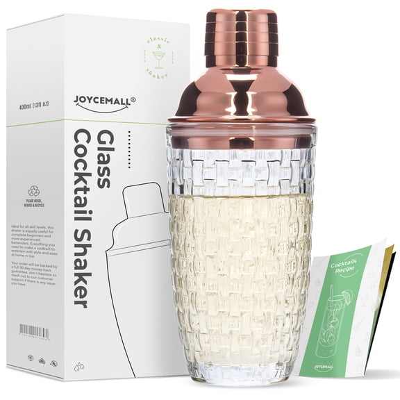 Glass Cocktail Shaker Kit, JOYCEMALL 13 Ounce Martini Mocktail Making Set with Leakproof Metallic Steel Lid & Strainer for Home Use & Bar Cart - Rosegold
