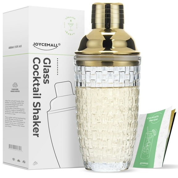 Glass Cocktail Shaker Kit, JOYCEMALL 13 Ounce Martini Mocktail Making Set with Leakproof Metallic Steel Lid & Strainer for Home Use & Bar Cart - Gold