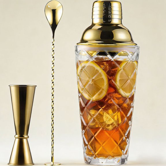 Glass Cocktail Shaker Set with Built-in Strainer 16oz Thickened Pineapple Glass Gold Shaker Set, Gold Jigger & Bar Spoon with Muddler for Home Bar/Trolley Dcor/Margaritas/Martinis