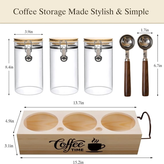 Glass Coffee Canister Set with Shelf & Spoons - 3 Piece Airtight Seal Coffee Bean Storage Containers & Filter Holder for Kitchen Organization