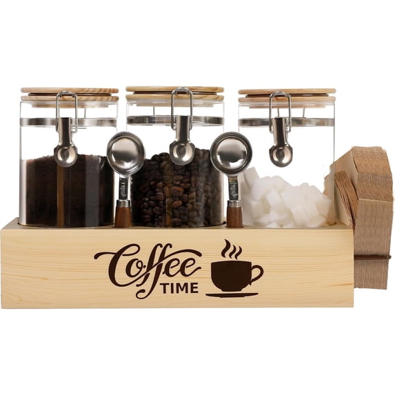 Glass Coffee Canister Set with Shelf & Spoons - 3 Piece Airtight Seal Coffee Bean Storage Containers & Filter Holder for Kitchen Organization