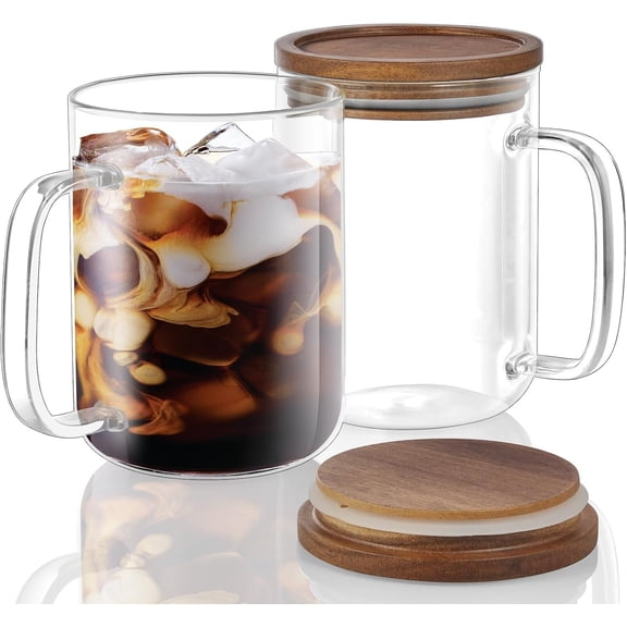 Glass Coffee Cups,12 oz Clear Coffee Mugs with Acacia Lid,Flat Bottomed Coffee Mug with Handles, Cup Set of 2