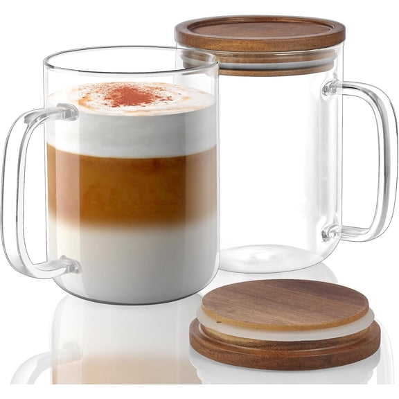 Glass Coffee Cups, 20 oz Large Coffee Mugs, Flat Bottomed Cups with Acacia Lid, Glass Cup with Handle, ClearTea Cup Set of 2