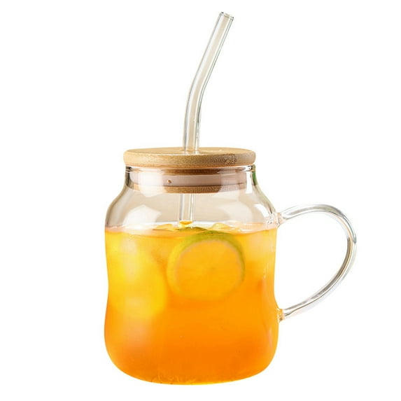 Glass Coffee Drinking Cup with Lid and Straw,15oz Glass Tumbler Cups with Handle for Iced Coffee, Smoothies, Beer and Juice