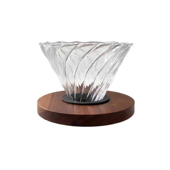 Glass Coffee Dripper for 1‑4 Cups – Verve Design with Spiral Ribs for Even Extraction, Walnut Base & Non‑Slip Silicone Pad, 4.5" Top Diameter, Transparent & Dark Brown
