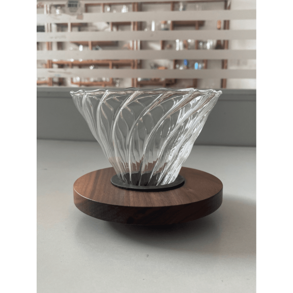 Glass Coffee Dripper for 14 Cups  Verve Design with Spiral Ribs for Even Extraction, Walnut Base & NonSlip Silicone Pad, 4.5" Top Diameter, Transparent & Dark Brown