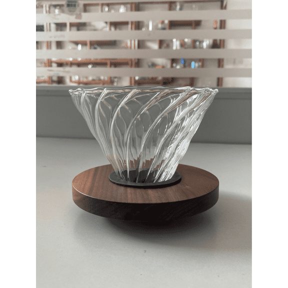 Glass Coffee Dripper for 1-4 Cups, Verve Design with Spiral Ribs for Even Extraction, Coffee Dripper with Walnut Base & Non-Slip Silicone Pad, 4.5 in / 11.5 cm Top Diameter, Transparent & Dark Brown