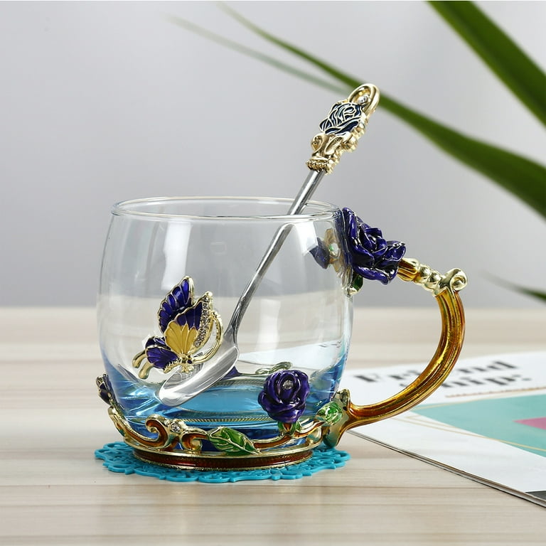 Glass Coffee Enamels Mug Best Birthday Butterfly Rose Tea Cup with