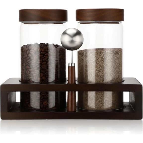 Glass Coffee Grounds Container with Shelf 2 x 44 oz Glass Coffee Bean Storage Canisters with Airtight Thread Lid and Measuring Spoon Food Storage Jars for Kitchen Sugar(Plain Style)