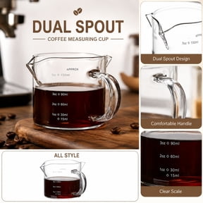Glass Coffee Measuring Cup with Handle and Dual Spouts, Clear Glass Espresso Shot Glass with Ounce and Milliliter Measurement Scale Lines, 5 OZ