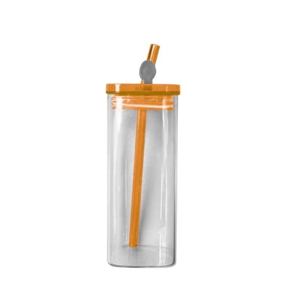Glass Coffee Mug with Straw,Durable Green Tea Sipper Water Tumbler Mug with Lid,11.8oz Square Wide Mouth Drinking Jar Drinking Glass Sipper Milk Mug Juice Cup for Home Travel,1Pc(Orange,2.3x2.3x5.5")