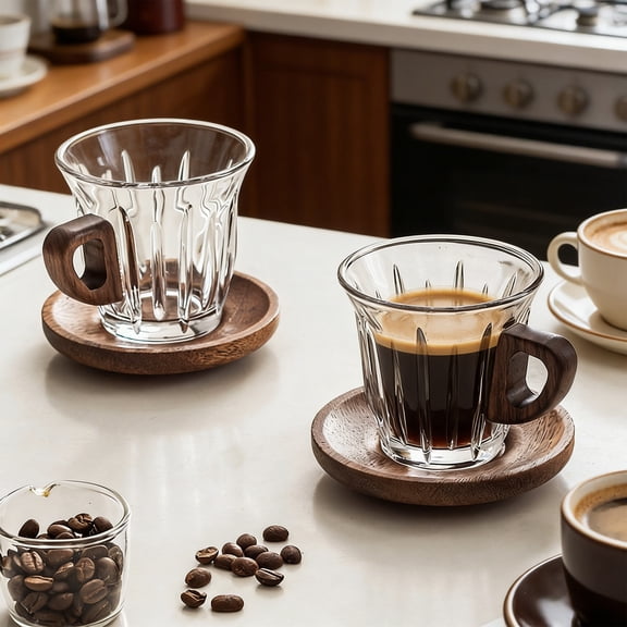 Glass Coffee Mug with Walnut Wood Handle, Clear Borosilicate Glass, Decorative Texture, for Home Kitchen or Office, Multipurpose Drinkware for Coffee, Tea, Water, Unique Desktop Accessory