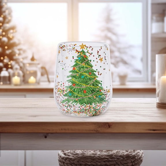 Glass Coffee Mug, Xmas Tree Mug, 380ml Double Layer Christmas Tree Shaped Christmas Tree Glass Cup for Christmas Birthday