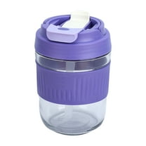 Glass Coffee Mug with Lid Lock, Mini 400ml Reusable Coffee Cup, Microwave and Dishwasher Safe, Portable Cup for Office School Gym (Purple)