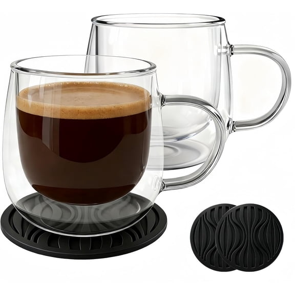 Glass Coffee Mugs Set Of 2, 10oz Double Walled Insulated Glass Mugs with Handle and Coaster, Heat Resistant Borosilicate Clear Glass Cups for Espresso Latte Cappuccino, Tea Bag, Beverage