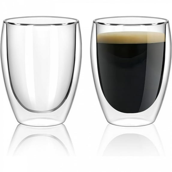 Glass Coffee Mugs Set of 2, Double Walled Clear Coffee Cups 12oz, Clear Latte Espresso Mugs for Milk Juice, Clear Glass Cappuccino Cup Glassware Gift for Christmas Birthday