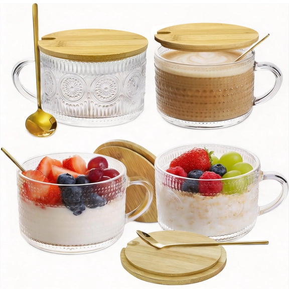 4 Pack Glass Coffee Mugs, 14oz Oatmeal Yogurt Cup with Bamboo Lids and Spoons, Clear Embossed Vintage Glass Cups for Cappuccino, Latte, Cereal, Yogurt