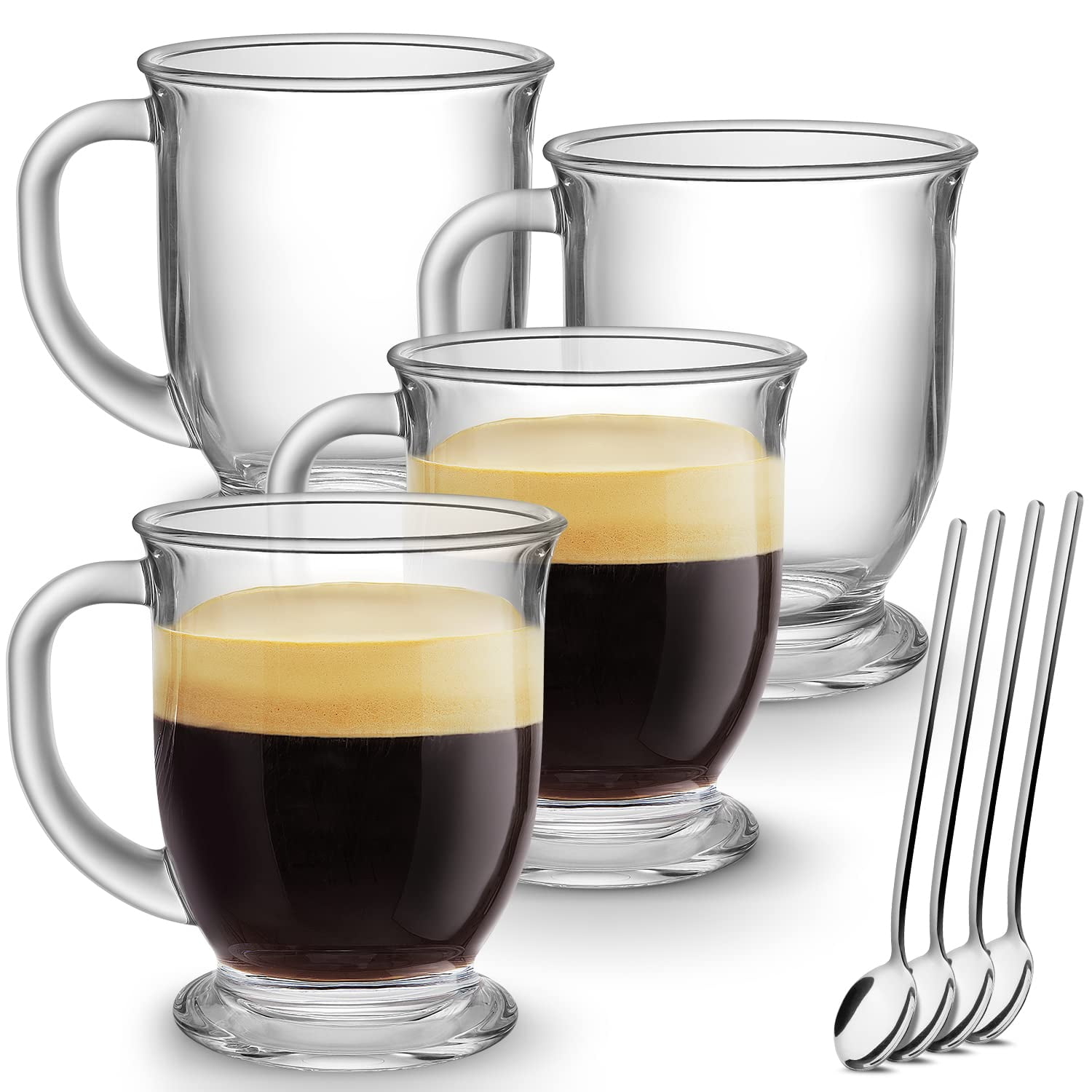 Glass Coffee Mugs Set of 6, Clear Large 15 Oz Cups with Handles for Hot Beverages, Tea, Cappuccino, Latte, Espresso, Juice