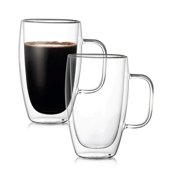 Glass Coffee Mugs with Handle Double Wall Crystal Tea Cups Tumbler for Latte Milk Beer Juice Drinks Lead Free, Set of 2, Large