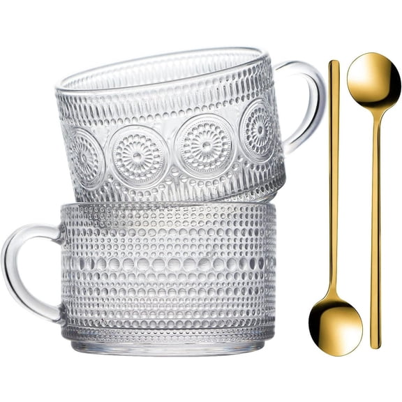 Glass Coffee Mugs with Spoon, Set of 2 espresso ribbed glass coffee cup,Embossed  Cups, Esthetic  Cups for Cappuccino, Latte, Hot Beverages, 14 oz