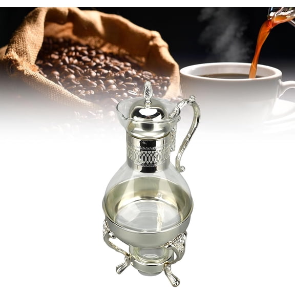 Glass Coffee Pot Set 50oz/1500ml, Vintage Espresso Kettle with Lid and Cup, Heatable Water Pitcher for Coffee & Tea, Turkish Teapot for Home and Office Use (Silver)