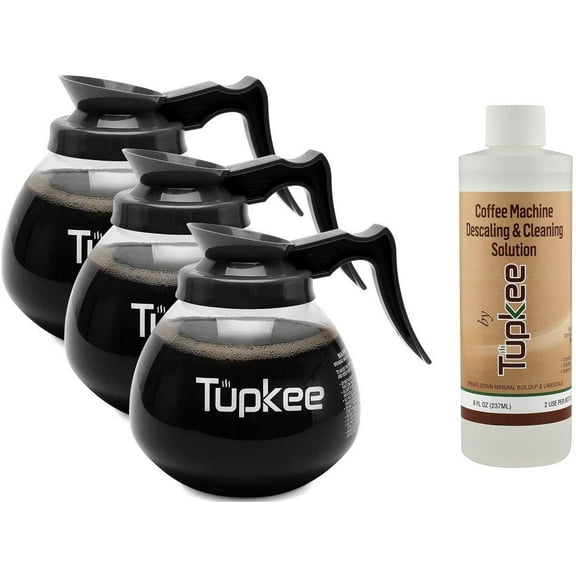 Glass Coffee Pots Decanter Carafe -Glass, 64 oz. 12-Cup, Set of 3 Black Handle + BONUS + Tupkee Coffee Machine Descaler & Cleaning Solution - For Drip Coffee Maker, Espresso and Keurig Coffee Machine