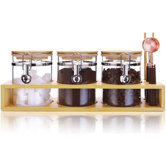 Glass Coffee Sugar Storage Jars with Bamboo Shelf and Spoon for Kitchen Counter,Sealed Glass Containers for Loose Leaf Tea,Coffee Bean,Ground Coffee,Brown Sugar,27 Fluid-oz