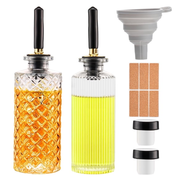 Ratrabas Glass Coffee Syrup Dispenser Bottles Set - 2 Pack, 5 OZ with Metal Pour Spouts and Labels, Perfect for Maple, Honey Syrup & Oil