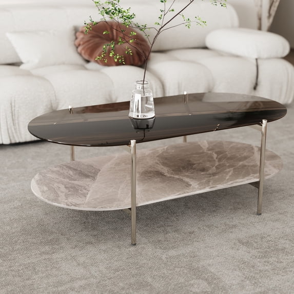 Glass Coffee Table, 2-Tier Modern Coffee Table Glass & Slate Stone Oval Center Table for Home Office Living Room