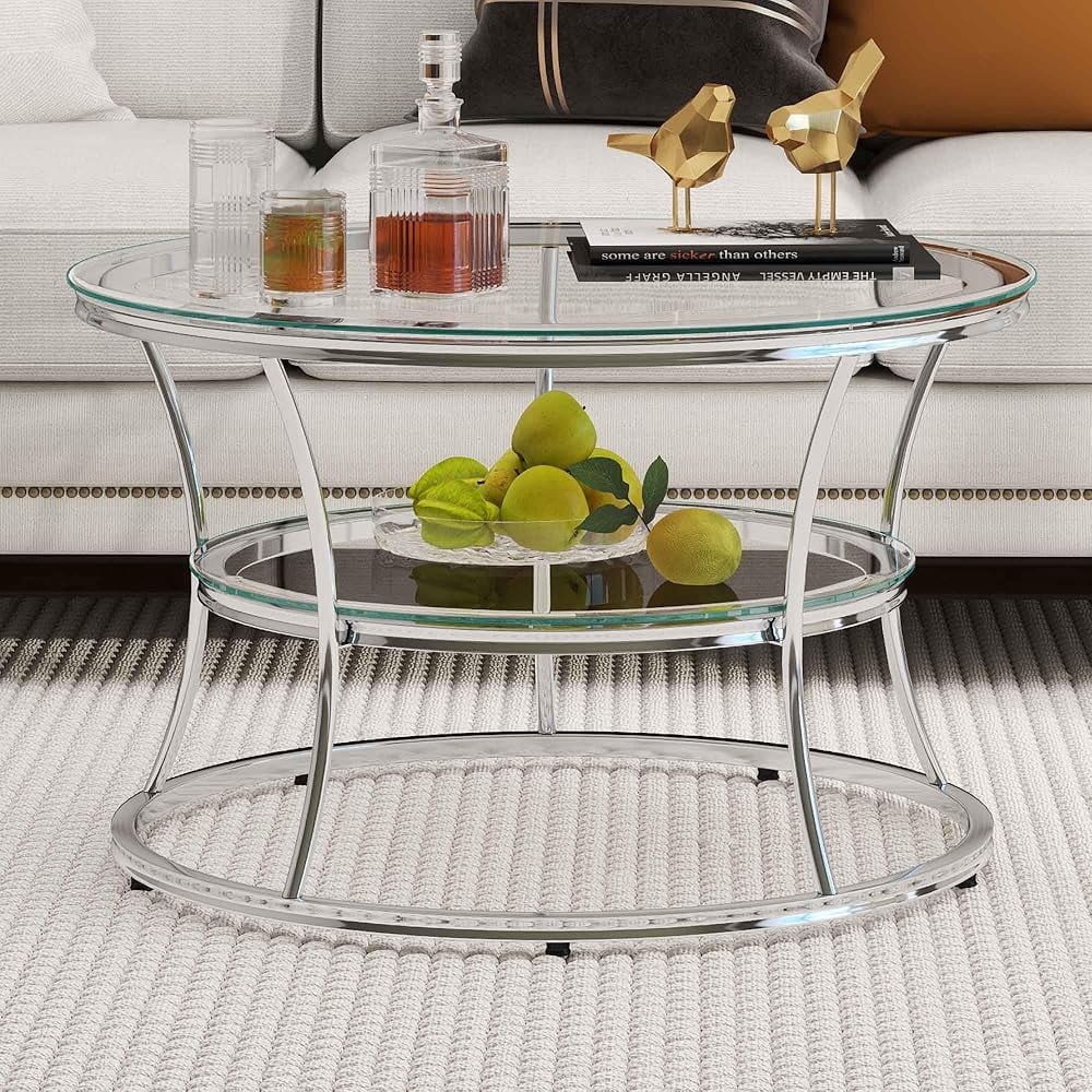 Glass Coffee Table, 2-Tier Modern Living Room Table With Shelf ...