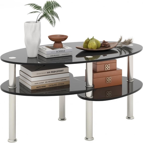 Glass Coffee Table, 2-Tier Modern Oval Smooth Glass Tea Table End Table for Home Office with 2 Tier Tempered Glass Boards & Sturdy Chrome Plated Legs