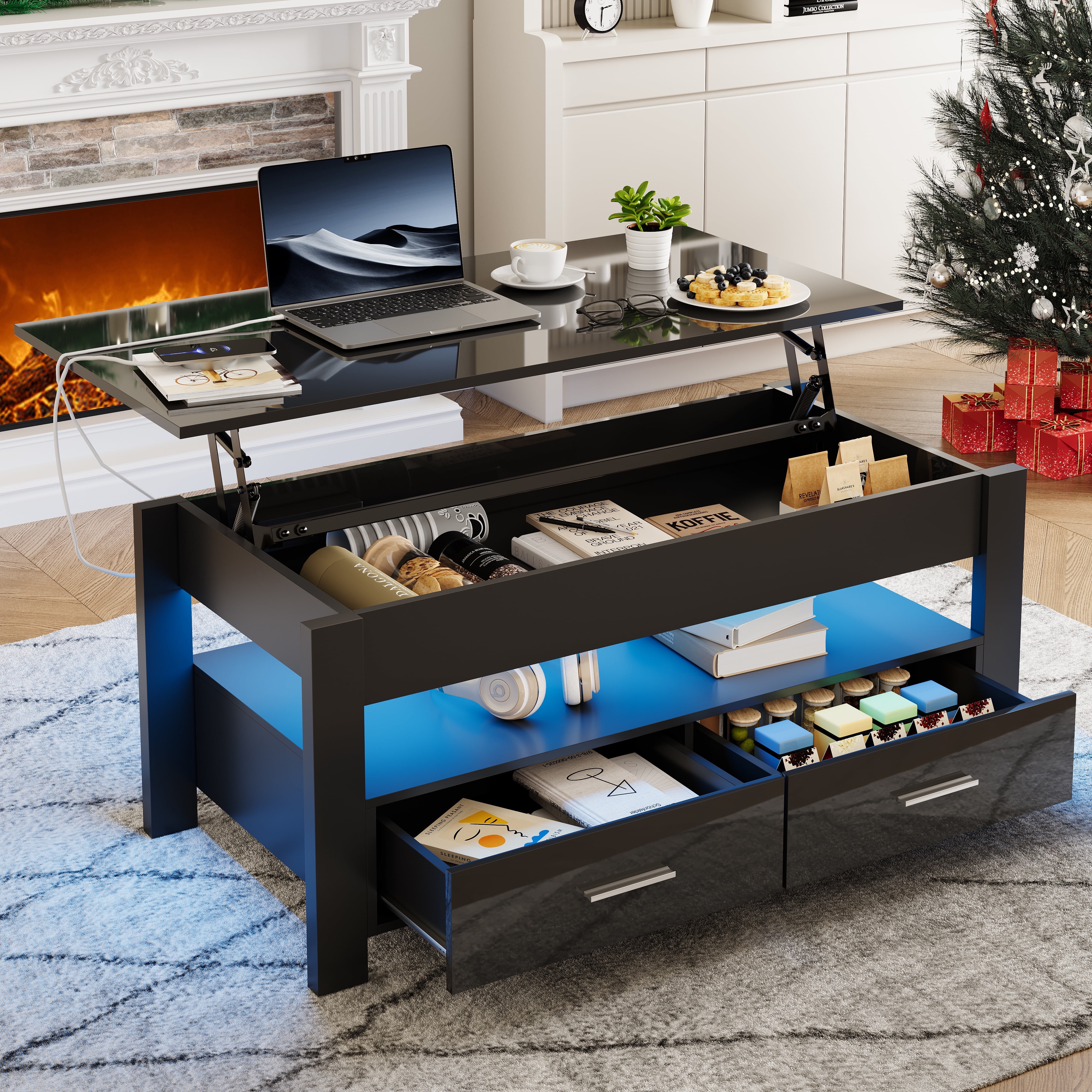 UHOMEPRO Lift Top Coffee Table with 2 Drawers Modern High Glossy Coffee Table with Charge Station and LED Lights Rectangular Center Table with Large