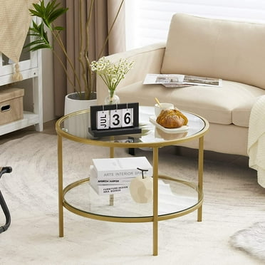 Glass Coffee Table, 25.6" Round Champagne Gold Coffee Tables for Living Room, 2-Tier Glass Top Coffee Table with Storage Clear Coffee Table, Simple & Modern Center Table for Small Space