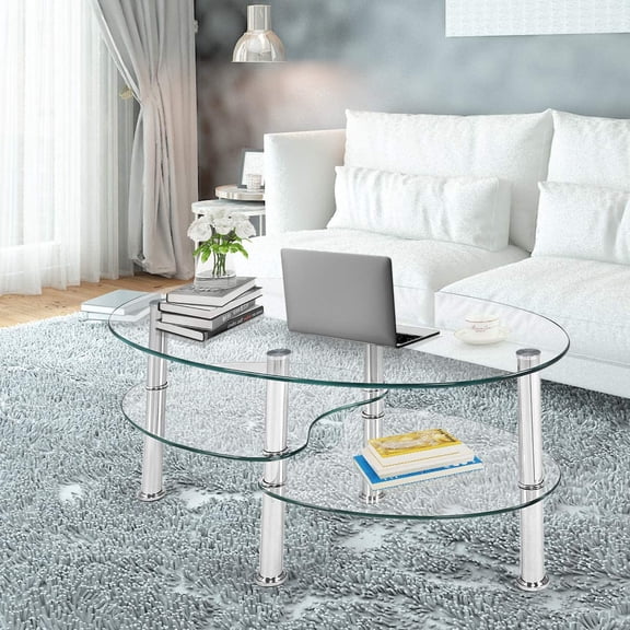 Glass Coffee Table, 3-Tier Modern Oval Smooth Glass Tea Table Center Table End Table with Open Storage Shelf,Sturdy Steel Legs for Living Room,Home,Office,Cocktail Tea Table (Clear)