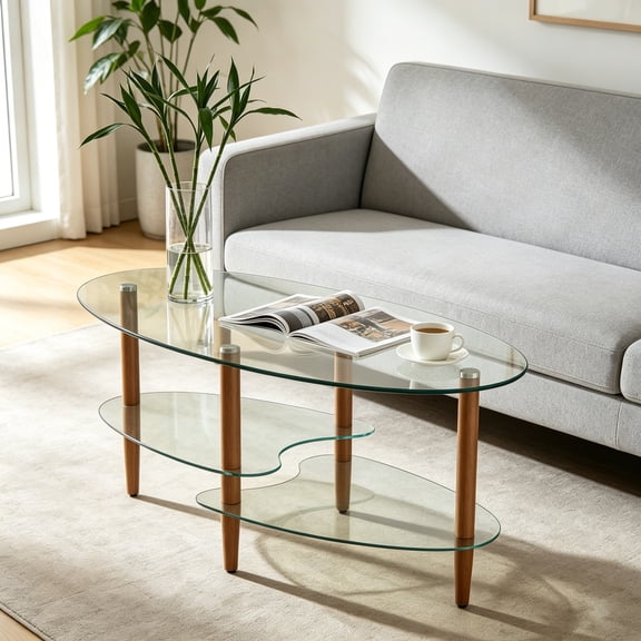 Glass Coffee Table, 3-Tier Modern Oval Smooth Glass Tea Table End Table for Home Office with Tempered Glass Boards & Sturdy Chrome Plated Legs, Brown