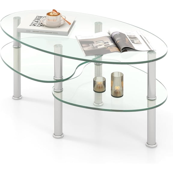 Glass Coffee Table, 3-Tier Oval Smooth Glass Tea Table, End Side Table w/Tempered Glass Boards & Sturdy Chrome Plated Legs, Transparent Center Table, Modern Furniture Decor for Home Office
