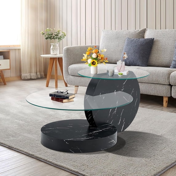 Glass Coffee Table 3 Tier Round Coffee Tables Tempered Clear Glass Top and Wood Table with Storage Modern Circle Coffee Table for Living Room (35.4" Black)