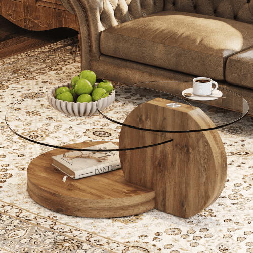 3-Tier Round Glass Coffee Table, 42" Modern Tempered Clear Glass Top With Wood Frame, Storage Shelves For Living Room