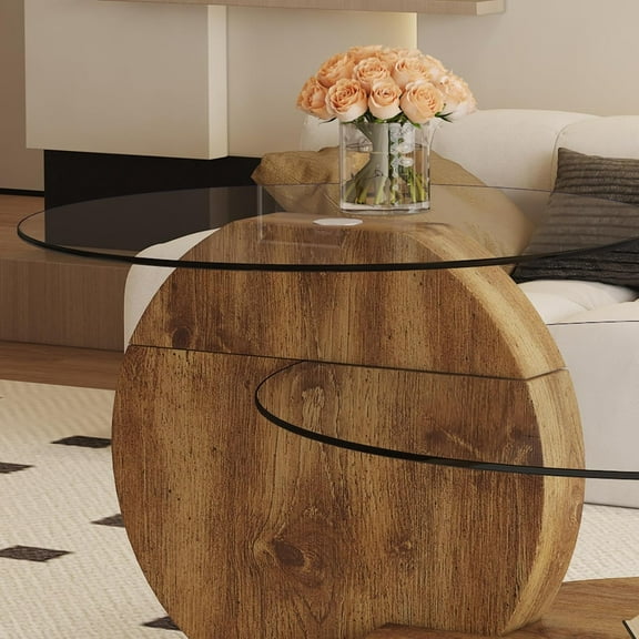 Glass Coffee Table 3 Tier Round Coffee Tables Tempered Clear Glass Top and Wood Table with Storage Modern Circle Coffee Table for Living Room(42" Wood)