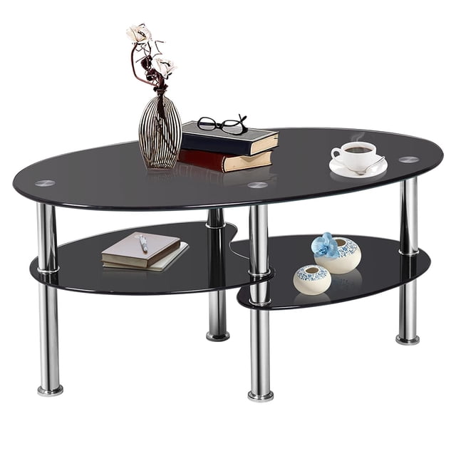 Modern Oval Glass Coffee Table with 3-Tier Open Shelves and Sturdy ...