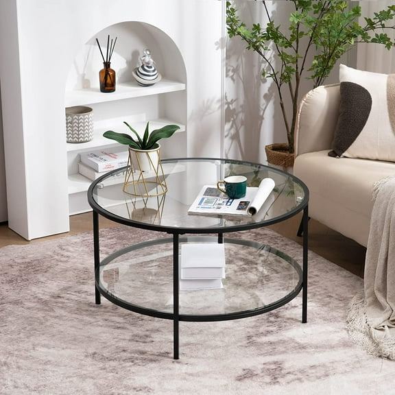 Glass Coffee Table,30" Round Coffee Table Black Coffee Tables for Living Room, 2-Tier Clear Glass Top Side Table with Storage. Simple & Modern Center Table Mesa de Centro para Sala