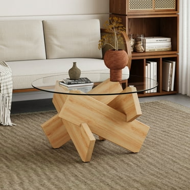 Glass Coffee Table, 33.4" Round Living Room Tables with Wood Base, Sofa Side Table Couch Coffee End Tables Center Table for Living Room Bedroom Office and Balcony, Natural