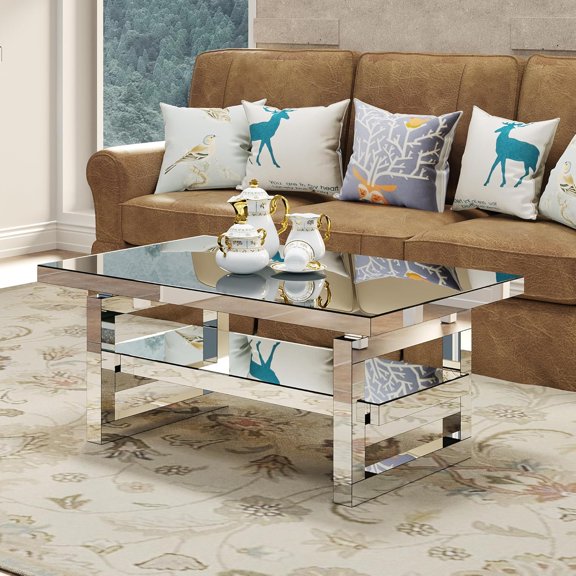 Glass Coffee Table, 39.37" Modern 2-Layer Tempered Glass Mirrored Coffee Table, Rectangle Center Tables, Luxury Silver Mirrored Furniture Cocktail Tea Table for Living Room Office