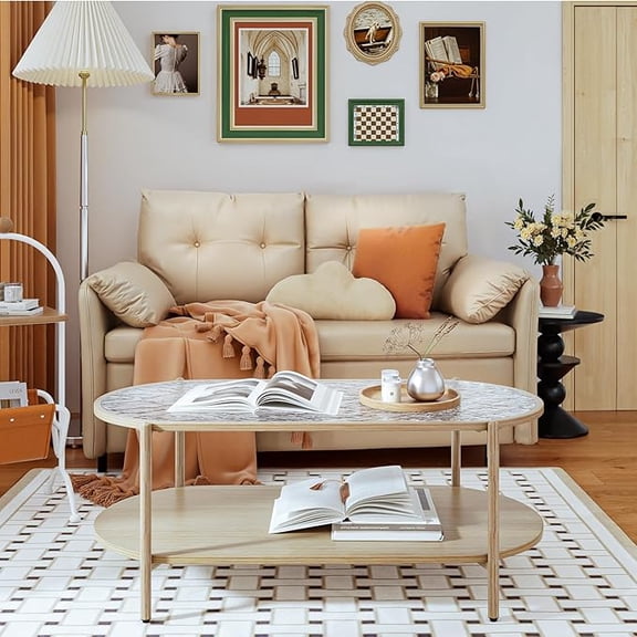 Glass Coffee Table, 44 Tea Dinner Table 2-Tier Oval Center Table Wave Pattern Tempered Glass Table Top With Anti Slip Pads, for Living Room Office Cafe Reception Room Small Space Apartment