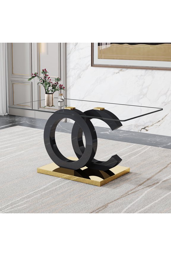 Glass Coffee Table, 63" Modern Rectangular Center Table with Tempered Glass Top & Black Finish MDF OC-Shaped Frame and Golden Finish Metal Base
