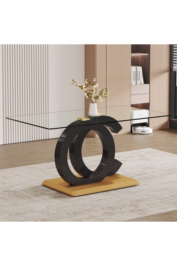 Glass Coffee Table, 63" Modern Rectangular Center Table with Tempered Glass Top & Black Finish MDF OC-Shaped Frame and Golden Finish Metal Base